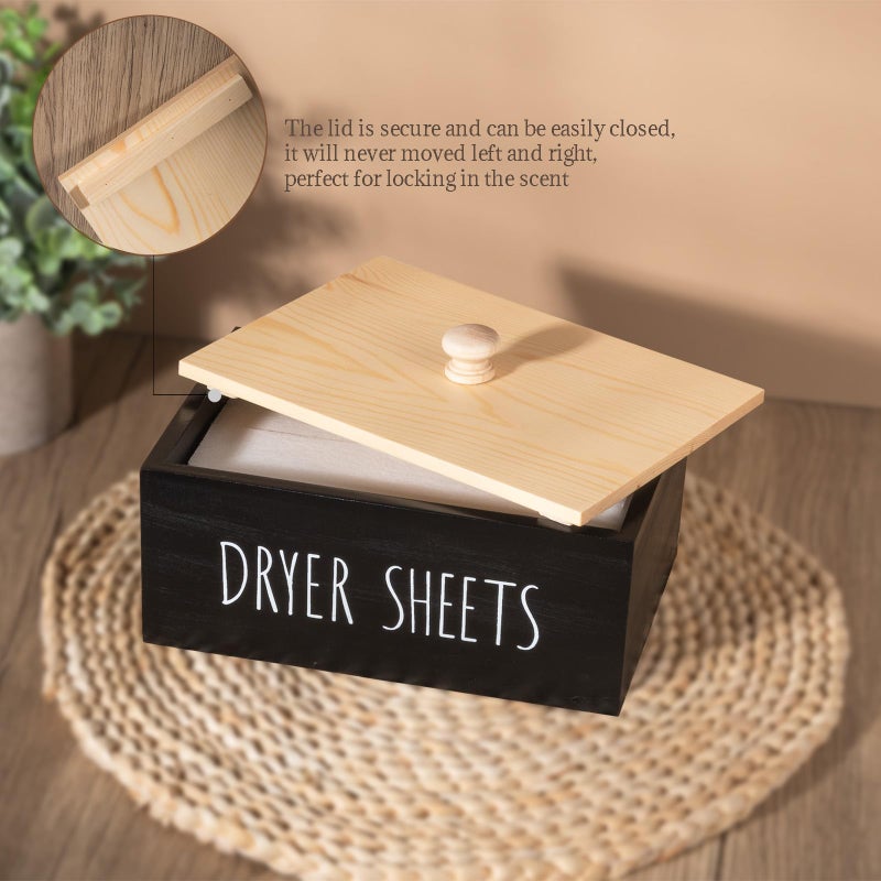 Zoocatia Laundry Room Decor Dryer Sheet Container، حامل موزع المنظفات الخشبي، منظمة وصندوق تخزين مع غطاء لكرات المجفف، كبسولات الغسيل، أسود - Image 4